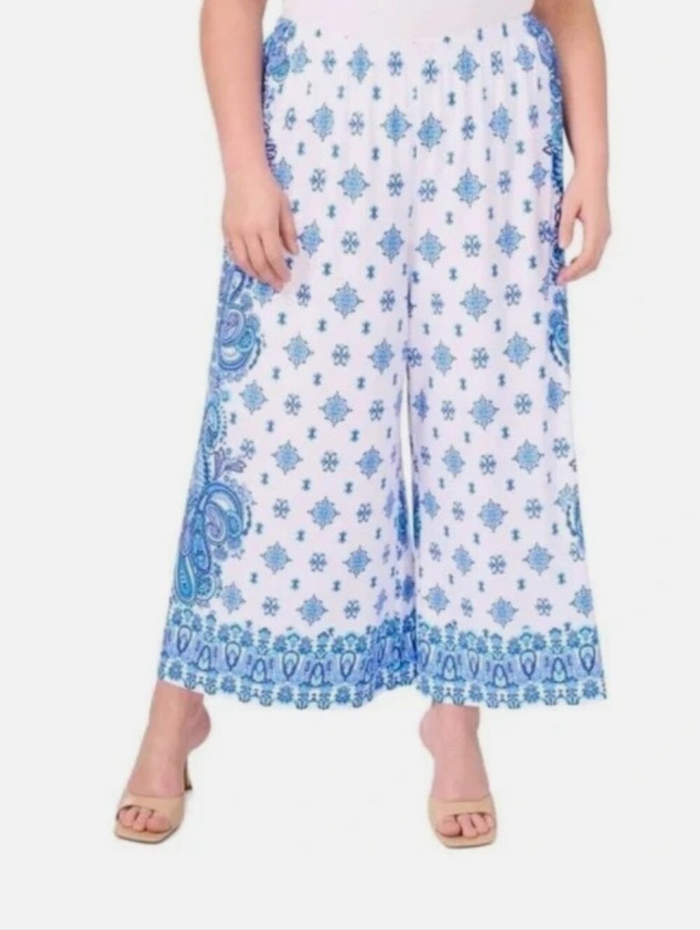 VINCE CAMUTO Paisley Wide Leg Cropped Pants Pull On Blue and White Plus Size 1X